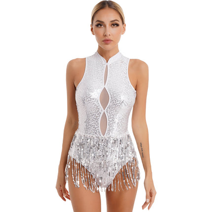 Glitter Sequin Fringe Latin Dance Leotard & Backless Performance Bodysuit