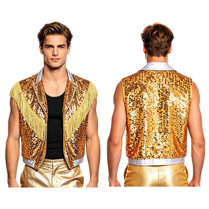 Men's Metallic Sequin Tassel Open-Front Vest Lapel Collar Sleeveless Stage Dance Waistcoat