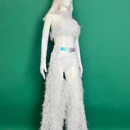 White Faux Fur Halter Top, Flare Chaps Pants, Long Gloves & Hat 4-Piece Stage Dance Costume Set