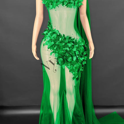 Sheer Rhinestone Applique Evening Gown Long Tail Showgirl Stage Performance Dress