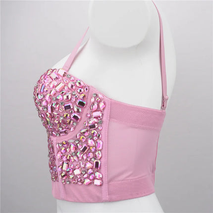 The Stardust Prism Siren – Sparkly Pink Rhinestone & Beaded Bustier Corset Crop Top