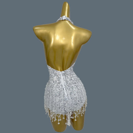Sparkly Pearl & Crystal Tassel Deep V-Neck Backless White Stage Bodysuit Leotard