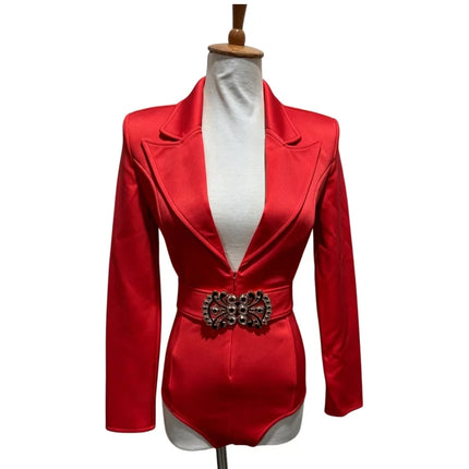 Women's Long Sleeve Blazer Bodysuit with Crystal Belt, V-Neck Zipper Stage & Concert Performance Costume