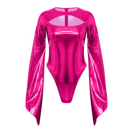 Metallic Flared Sleeve Cutout Disco Bodysuit & Metallic Rave Leotard
