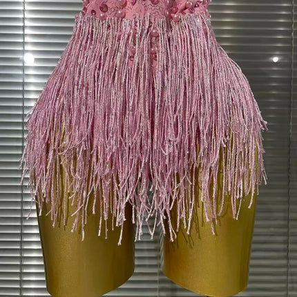 Vintage-Inspired Beaded Tassel Bodysuit Performance Costume