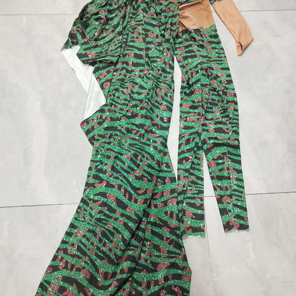 Irregular Single Sleeve Leopard Jumpsuit Green Tight Women Singer Stage Wear Nightclub Party Stage Performance Costume