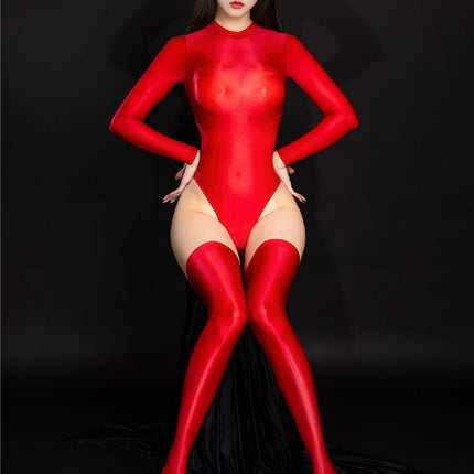 Oil Glossy High-Cut Open Crotch Shaping Bodysuit & Matching Stockings Set