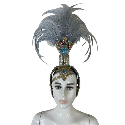 The Stardust Dionysia – Silver & Charcoal Feather Carnival & Masque Ball Headdress