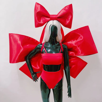 Nightclub Party Carnival Rave Outfit Bar Gogo Dancer Clothes Red Bow Tops Shorts Festival Wear Sexy Drag Queen Costume