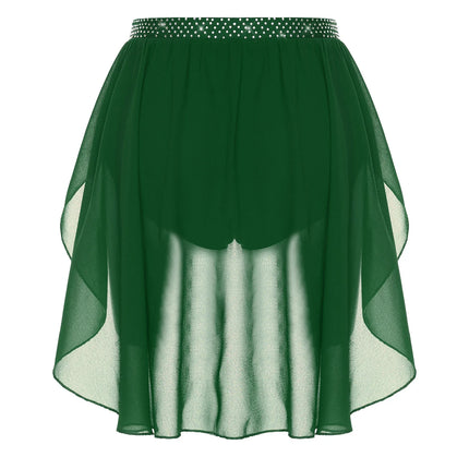 Womens Modern Lyrical Dance Skirt Performance Costume Sparkly Rhinestone Irregular Chiffon Hem Built-in Briefs Skirt Dancewear