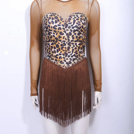 Leopard Rhinestone Fringe Latin Dance Bodysuit Mesh Long Sleeve Stage Performance Dress