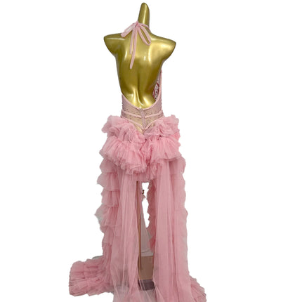 Pink Rhinestone Ruffle Backless Gala Ball Gown & Birthday Evening Dress