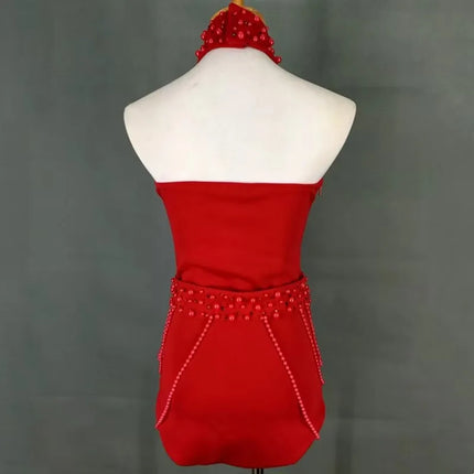 Red White Beading Halter Bodysuit Women Backless Dance Costume Nightclub Singer Stage Performance Outfit