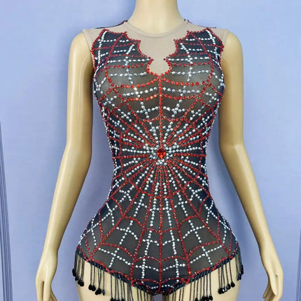 Sparkly Black Mesh Rhinestone Sheer Illusion Bodysuit Stage Performance Costume