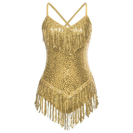 Sequins Fringed Cross Back Latin Dance Leotard Sleeveless V-Neck Bodysuit