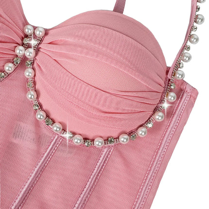 Pearl & Rhinestone Embroidered Bustier Corset Crop Top High Street Bralette