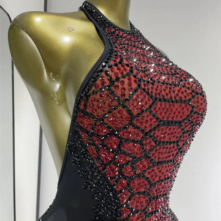 Claret Red Snakeskin Rhinestone Halter Gown Backless Mesh Illusion Evening Maxi Dress
