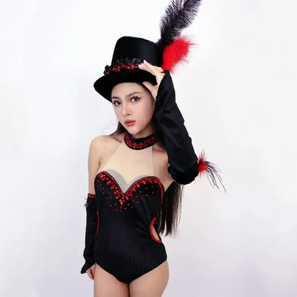 Women Team Jazz Dance Performance Costume Sexy Back Backless Crystal Bodysuit with Gloves Feather Hat Nightclub Gogo Rave Outfit