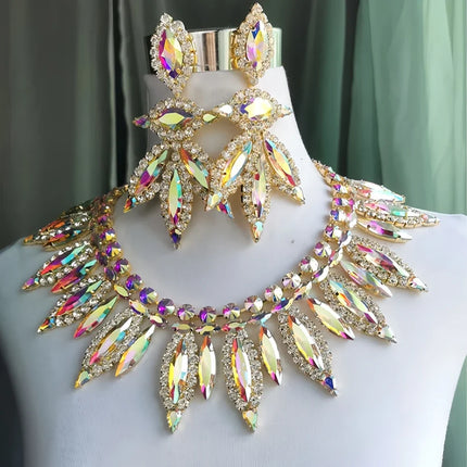 AB Gold Rhinestone Crystal Necklace & Earring Set