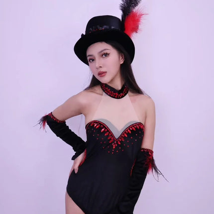 Women Team Jazz Dance Performance Costume Sexy Back Backless Crystal Bodysuit with Gloves Feather Hat Nightclub Gogo Rave Outfit