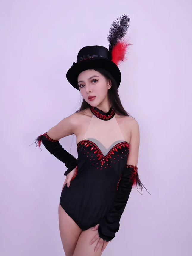Women Team Jazz Dance Performance Costume Sexy Back Backless Crystal Bodysuit with Gloves Feather Hat Nightclub Gogo Rave Outfit