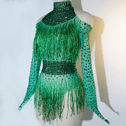 Rhinestone Tassel Mesh Performance Bodysuit