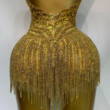 Gold Rhinestone Sheer Mesh Bodysuit Luxury Stage Performance Jumpsuit