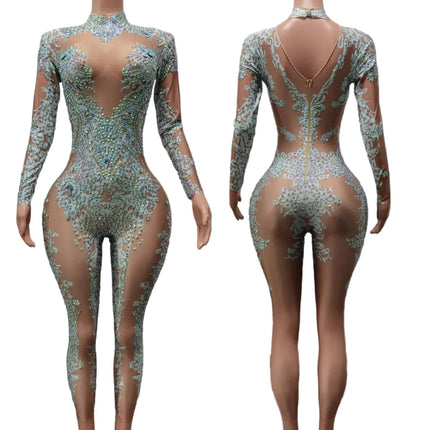 High Neck Crystal Appliqué Illusion Bodysuit