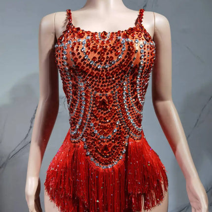 The Stardust Festival Fringe Bodysuit – Luxury Rhinestone Tassel Showgirl Costume