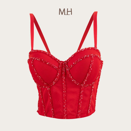 Pearl Beaded Bustier Corset Crop Top Push-Up Evening Party Camisole