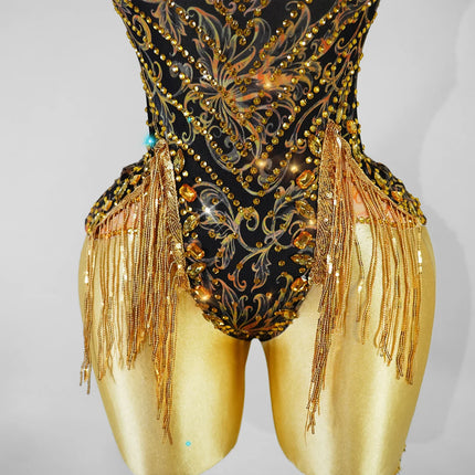 Gold Rhinestone & Tassel Sleeveless Bodysuit Salsa Latin Dance Stage Costume