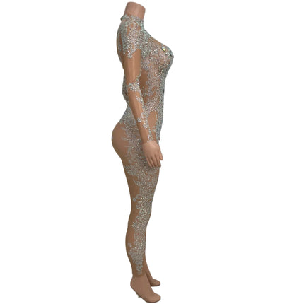 High Neck Crystal Appliqué Illusion Bodysuit
