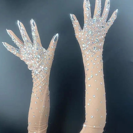 The Stardust Illusion Rhinestone Gloves – Luxury Crystal Mesh Opera Gloves