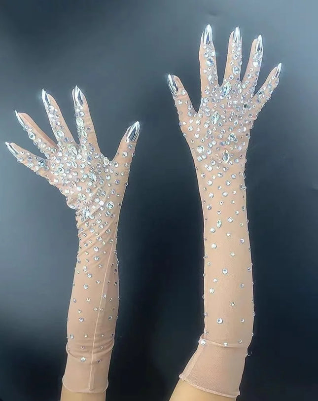 The Stardust Illusion Rhinestone Gloves – Luxury Crystal Mesh Opera Gloves
