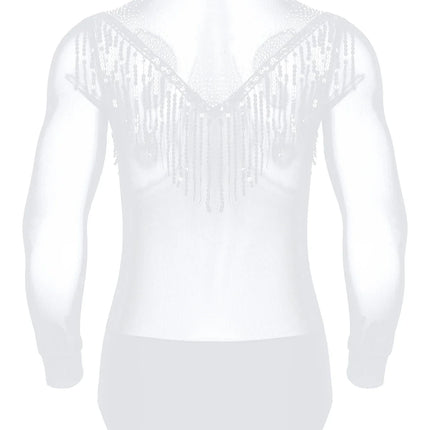Men's Latin Salsa Sequin Tassel & Rhinestone V-Neck Performance Leotard Bodysuit