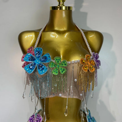 Colorful Rhinestone Pearl Sheer Dress & Two-Piece Mini Skirt Set Celebration Outfit