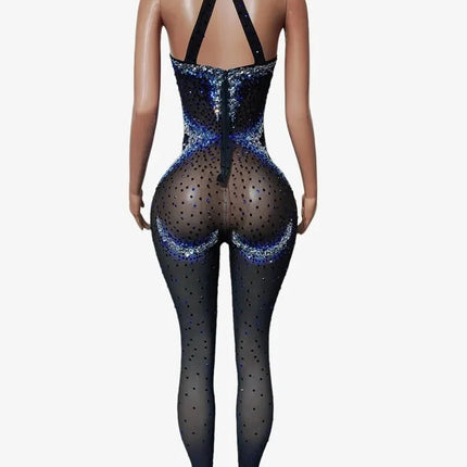 Sapphire Blue Rhinestone Halter Catsuit Illusion Mesh Cutout Jumpsuit Stage Costume