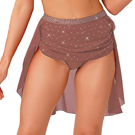 Womens Modern Lyrical Dance Skirt Performance Costume Sparkly Rhinestone Irregular Chiffon Hem Built-in Briefs Skirt Dancewear