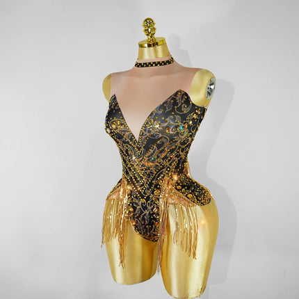 Gold Rhinestone & Tassel Sleeveless Bodysuit Salsa Latin Dance Stage Costume