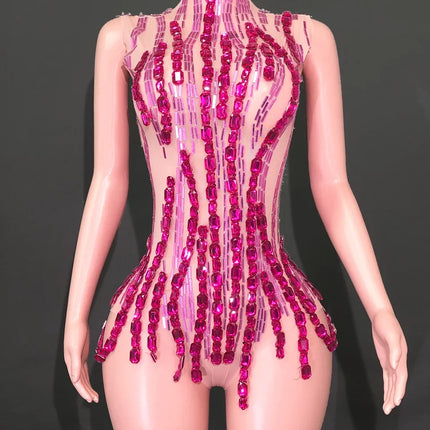 Sparkly Rhinestone Mirror High-Cut Stage Bodysuit Performance Dance Leotard