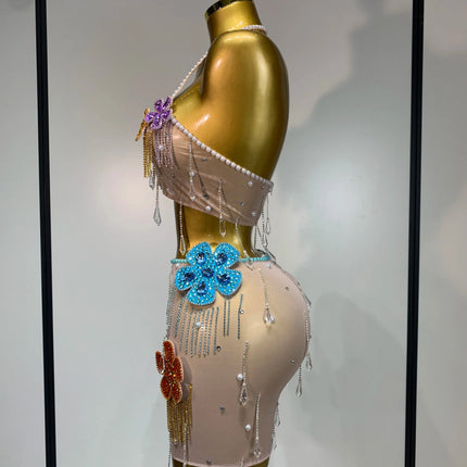 Colorful Rhinestone Pearl Sheer Dress & Two-Piece Mini Skirt Set Celebration Outfit