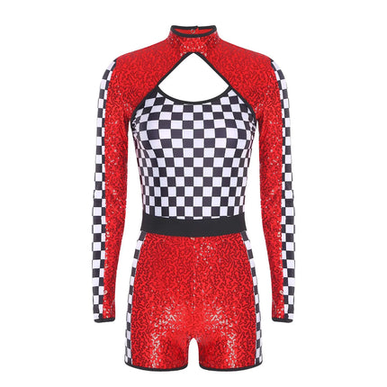 Sequin Checkerboard Car Racing Driver Costume Cutout Long Sleeve Romper Jumpsuit
