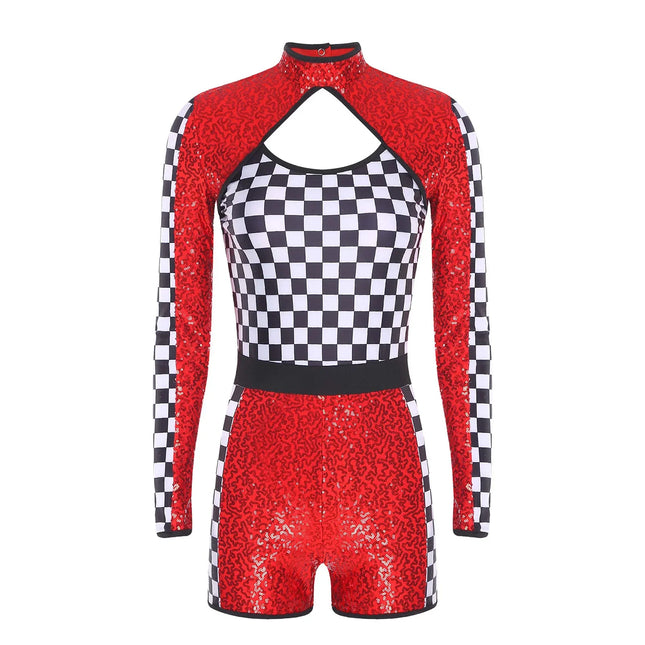 Sequin Checkerboard Car Racing Driver Costume Cutout Long Sleeve Romper Jumpsuit