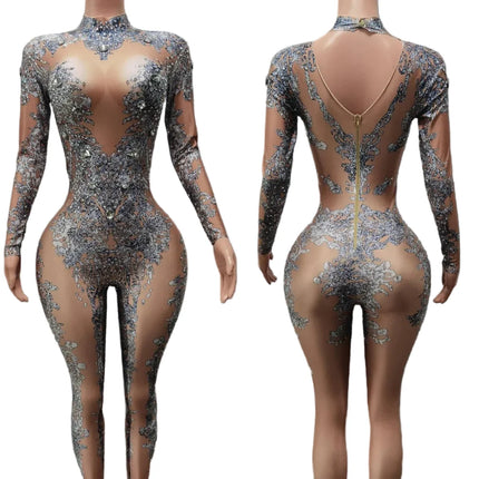 High Neck Crystal Appliqué Illusion Bodysuit