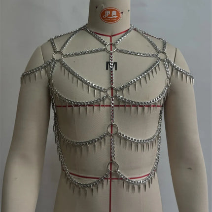 Fashionable Multi-Layer Fringe Men's Body Chain Metal Hanging Neck Iron Ring Vest Sexy Cutout Design Top