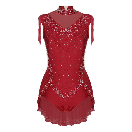 Rhinestone Mock Neck Mesh Tassel Leotard