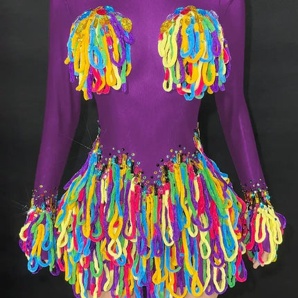 Rainbow Crystal Rhinestone Bodysuit Cascading Fringe Tassel Long-Sleeve Stage Costume