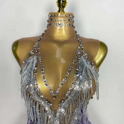 Sparkly Rhinestone & Tassel Fringe Latin Dance Mini Dress Stage Costume