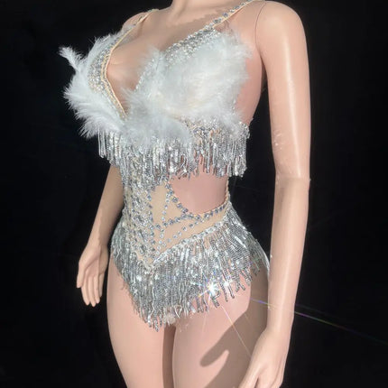 Sparkly Rhinestone Sequin Feather Bodysuit Showgirl Stage Performance Leotard