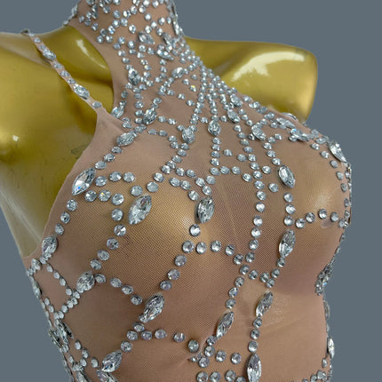 Sparkly Silver Rhinestone Spider Web Mesh Stage Performance Costume Set